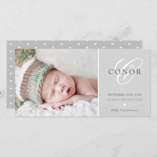 写真の誕生発表スウィート新生児グレー 案内状 (正面/裏面)