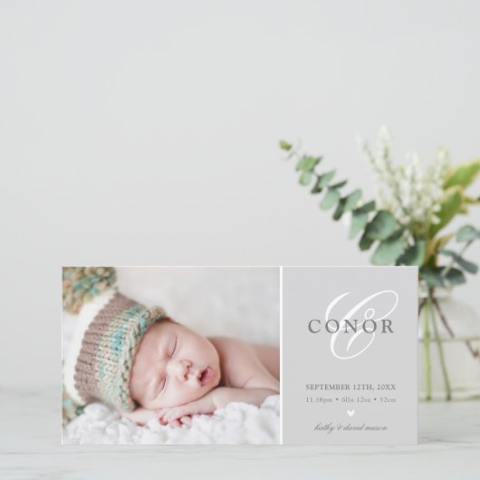 写真の誕生発表スウィート新生児グレー 案内状 (スタンド正面)