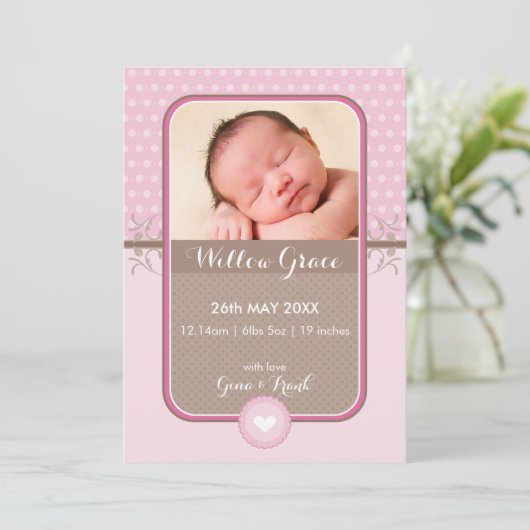 写真の誕生発表スウィート水玉模様ピンク 案内状 (スタンド正面)