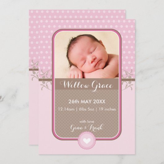 写真の誕生発表スウィート水玉模様ピンク 案内状 (正面/裏面)