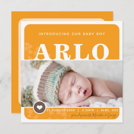 写真の誕生発表ハートスポットオレンジの植物 案内状 (正面/裏面)