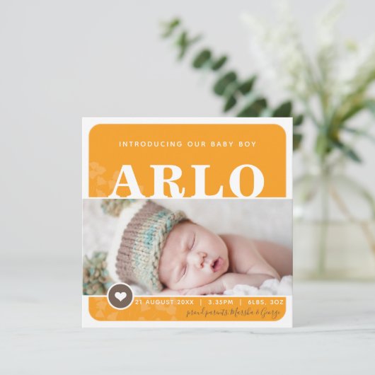 写真の誕生発表ハートスポットオレンジの植物 案内状 (スタンド正面)