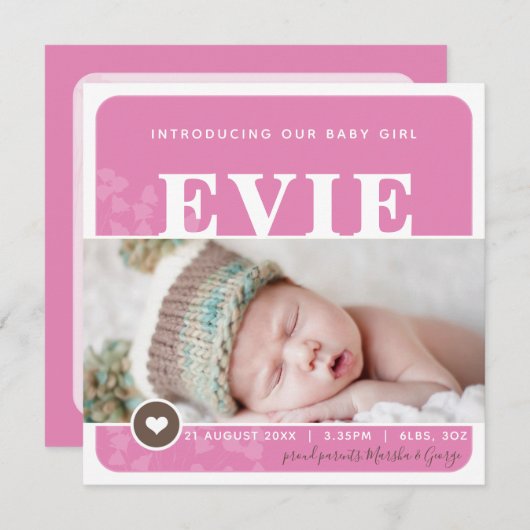 写真の誕生発表ハートスポットピンクの植物 案内状 (正面/裏面)