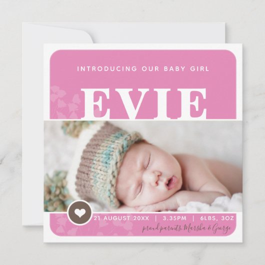 写真の誕生発表ハートスポットピンクの植物 案内状 (正面)