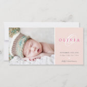 写真の誕生発表甘いベビー赤面ピンク 案内状 (正面)