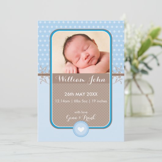 写真の誕生発表甘い水玉模様ブルー 案内状 (スタンド正面)
