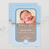 写真の誕生発表甘い水玉模様ブルー 案内状 (正面/裏面)