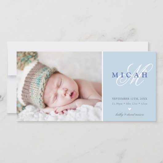 写真の誕生発表甘い男の赤ちゃんブルー 案内状 (正面)
