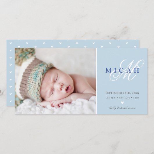 写真の誕生発表甘い男の赤ちゃんブルー 案内状 (正面/裏面)