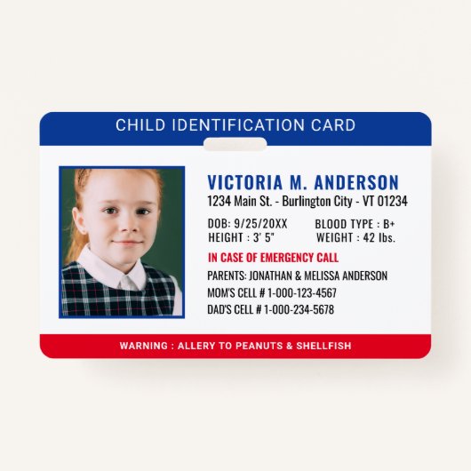 写真の識別緊急安全児童ID バッジ (正面)
