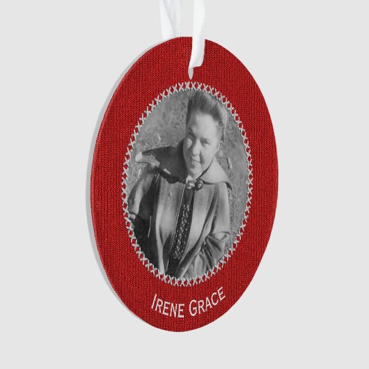 写真の赤いニット模様の写真枠丸 オーナメント (正面)