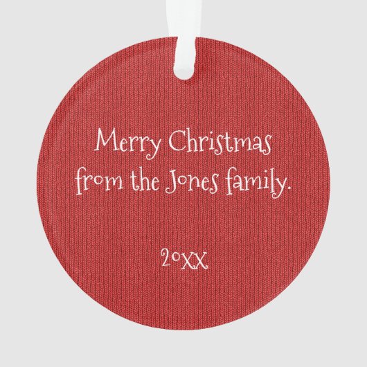 写真の赤いニット模様の写真枠丸 オーナメント (裏面)