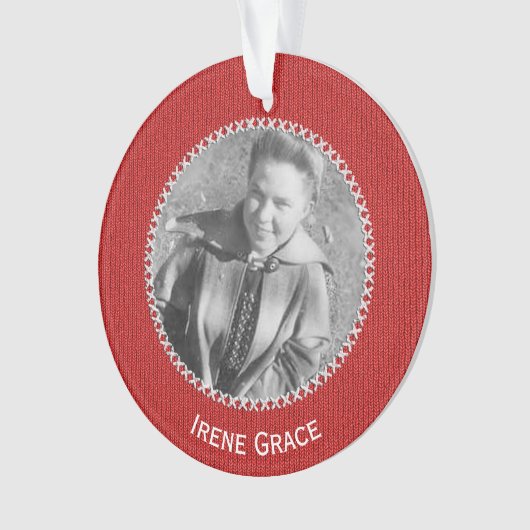 写真の赤いニット模様の写真枠丸 オーナメント (正面)