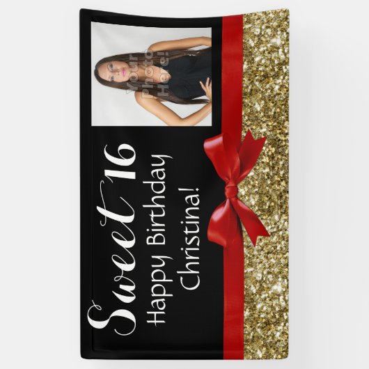 写真の赤い金ゴールドのグリッターの菓子16の誕生会 横断幕 (縦)