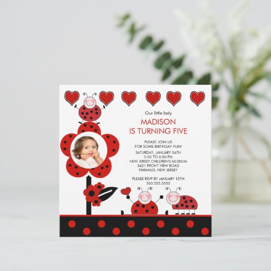 写真の赤く及び黒いてんとう虫の誕生日の招待状 招待状 (スタンド正面)