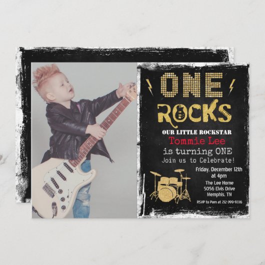 写真の追加ロックスタードラムセット1st誕生日招待状 招待状 (正面/裏面)