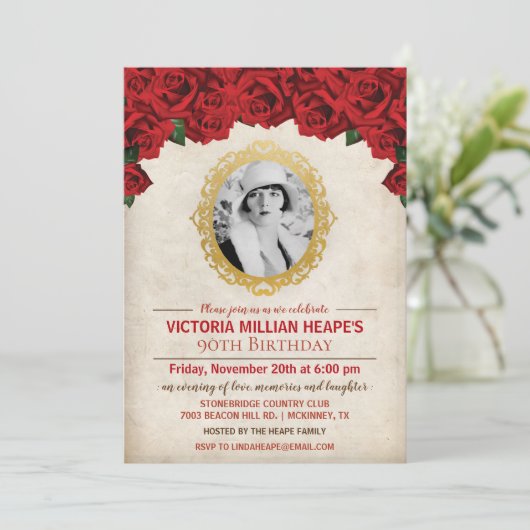 写真の追加 – バラマイルストーン誕生日招待状 招待状 (スタンド正面)