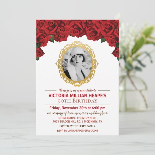 写真の追加 – バラマイルストーン誕生日招待状 招待状 (スタンド正面)