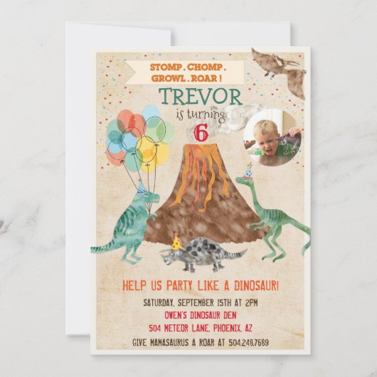 写真の追加 – 恐竜の火山誕生日招待状 招待状 (正面)