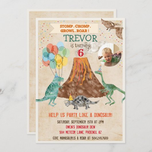 写真の追加 – 恐竜の火山誕生日招待状 招待状 (正面/裏面)
