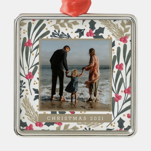 写真の追加 |水彩の柊とベリー メタルオーナメント (正面)