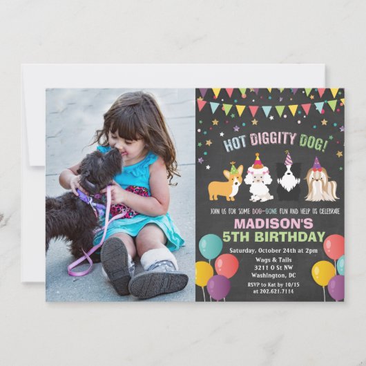 写真の追加 – 犬の子犬の誕生日チョーク招待状 招待状 (正面)