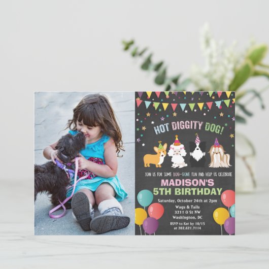 写真の追加 – 犬の子犬の誕生日チョーク招待状 招待状 (スタンド正面)