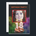 写真の追加， 18th Birthdayパーティーの招待 招待状<br><div class="desc">このパーティの招待状にカスタマイズ写真を追加ユニーク。おもしろい18thバースデーパーティーへの招待とチョコレートのカップケーキに燃えている幸せなろうそくの番号。必ず名前を変更するバックの誕生日の男の子または女の子の名前。私の店の招待状やカードの全範囲を見る。</div>