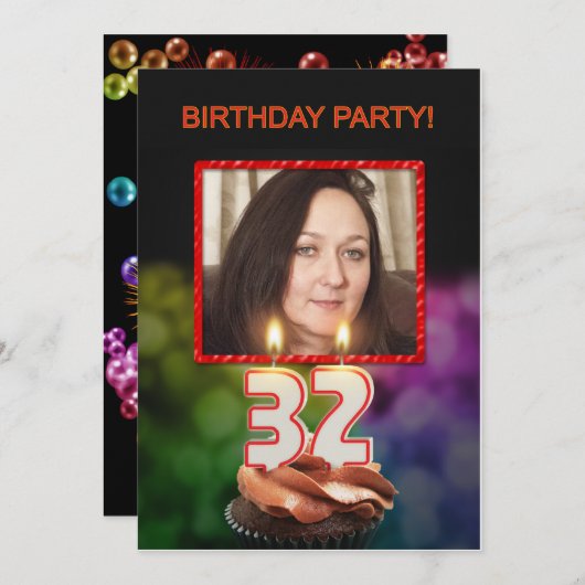 写真の追加, 32番目の誕生日パーティーの招待 招待状 (正面/裏面)