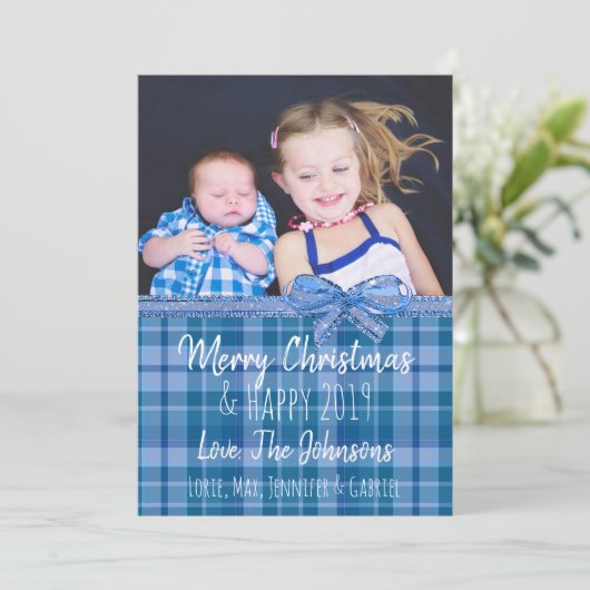 写真の追加Blue Plaidクリスマス 招待状 (スタンド正面)