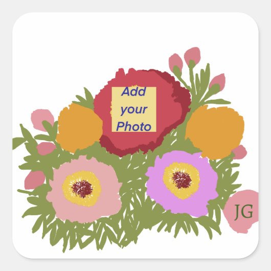 写真の追加Floral Pattern With Photoイニシャル スクエアシール (正面)