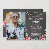 写真の退職パーティーのチョークの赤い花のバラ 招待状 (正面/裏面)