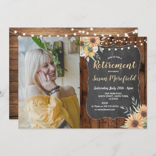 写真の退職パーティーの素朴な木製のヒマワリ 招待状 (正面/裏面)