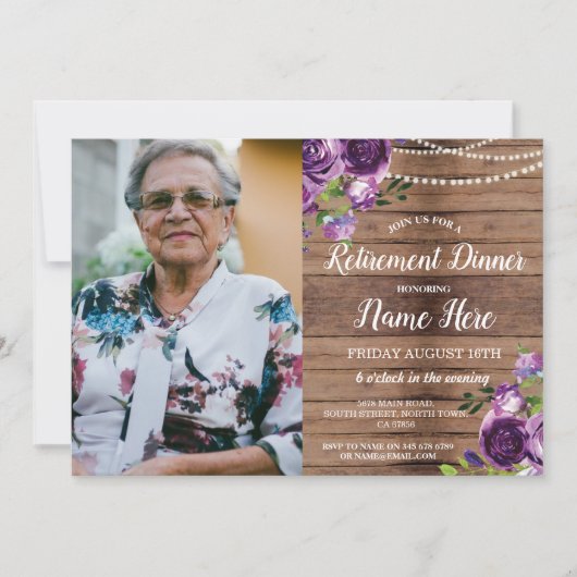 写真の退職パーティーは紫色の木製の花を退職させます 招待状 (正面)