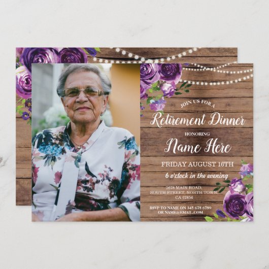 写真の退職パーティーは紫色の木製の花を退職させます 招待状 (正面/裏面)