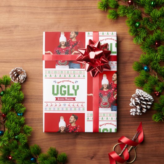 写真の醜いクリスマスセーター赤い緑の北欧ニット ラッピングペーパー (クリスマスギフト)