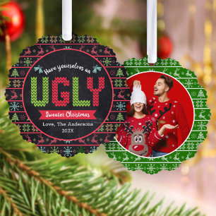 写真の醜いセーターのクリスマスチョークボードホリデー オーナメントカード