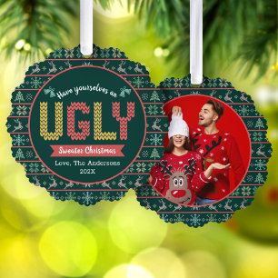 写真の醜いセータークリスマスノルディックグリーンホリデー オーナメントカード