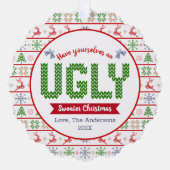 写真の醜いセータークリスマスレッドグリーンホリデー オーナメントカード (正面)