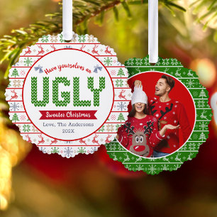 写真の醜いセータークリスマスレッドグリーンホリデー オーナメントカード