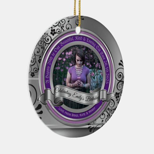 写真の銀色の黒い花開きのエレガントバナー紫 セラミックオーナメント (右)