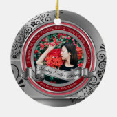 写真の銀色の黒い花開きのエレガントバナー（赤） セラミックオーナメント (裏面)