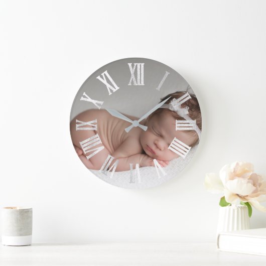 写真の銀製灰色の灰色のベビーシャワーのギフトの女の子の男の子 ラージ壁時計 (ホーム)