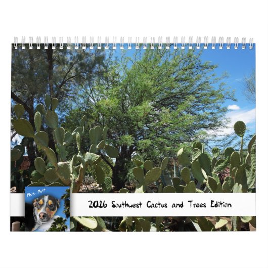 写真の雑種犬による南西サボテンそして木の版 カレンダー (カバー)