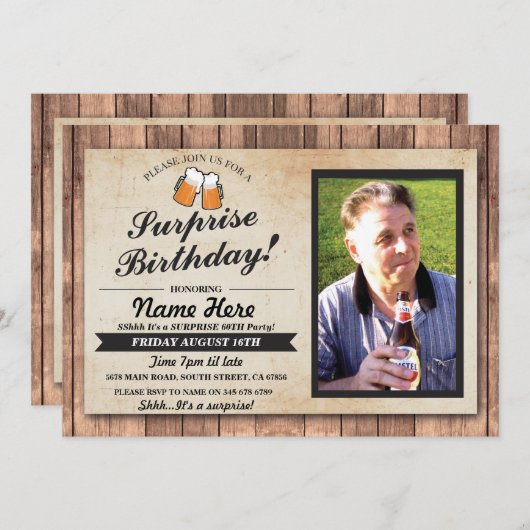 写真の驚きの誕生会はビール招待を元気づけます 招待状 (正面/裏面)