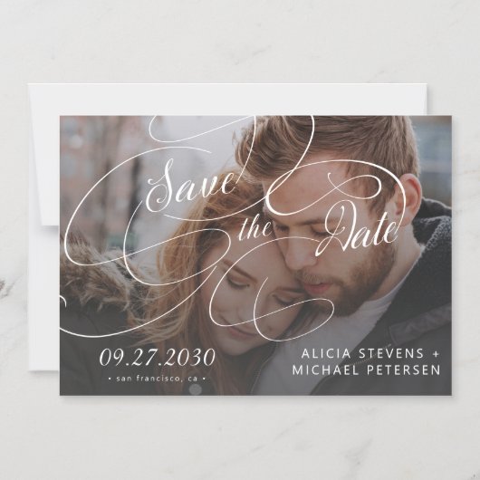写真の黒と白のスクリプトの結婚式の日付を保存 マグネット招待状 (正面)