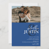 写真はっきりしたは書道をシック・ブルー結婚の 招待状 (正面)