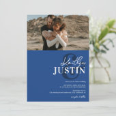 写真はっきりしたは書道をシック・ブルー結婚の 招待状 (スタンド正面)