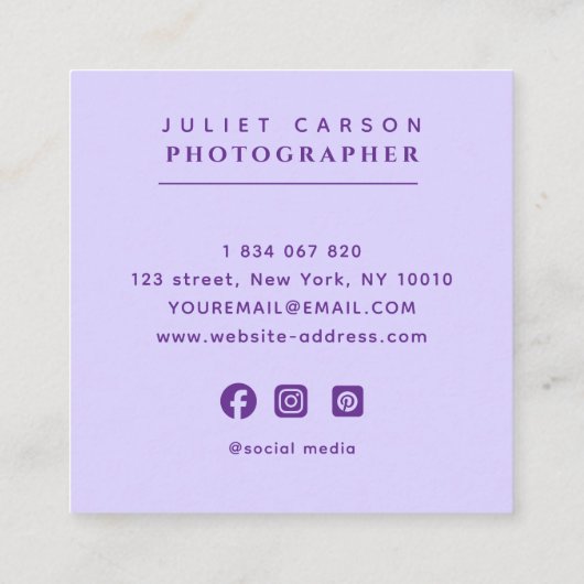 写真はっきりしたタイポグラフィ薄紫紫 スクエア名刺 (裏面)