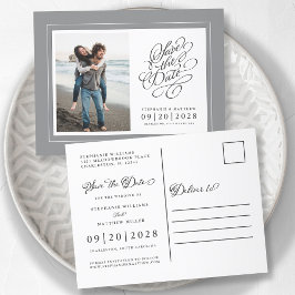 写真は日付を保存グレーと白エレガントな結婚式 案内ポストカード